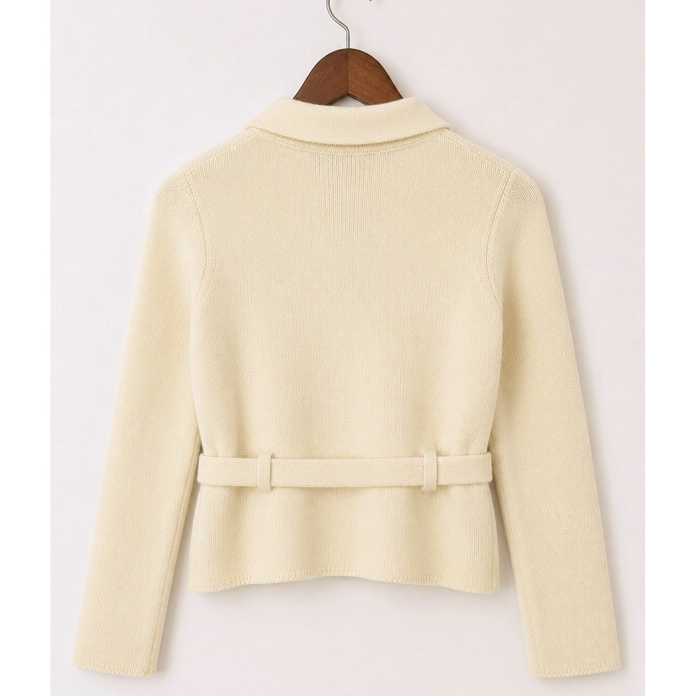 Mango MNG Cream Zip Up Belted Cardigan Sweater Collared Ribbed Knit Womens Small - Picture 5 of 8